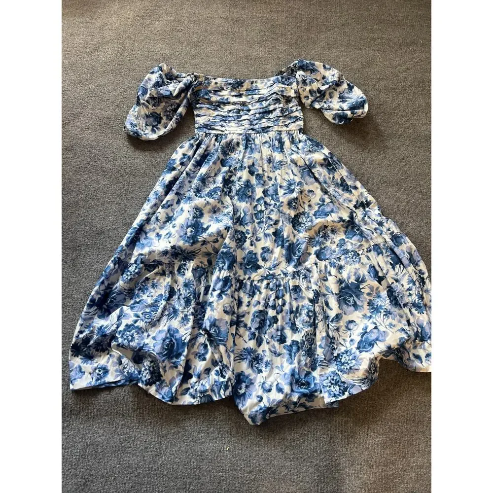 Abercrombie & Fitch Womens Blue Floral Smocked Puff Sleeve Fit & Flare Dress XST